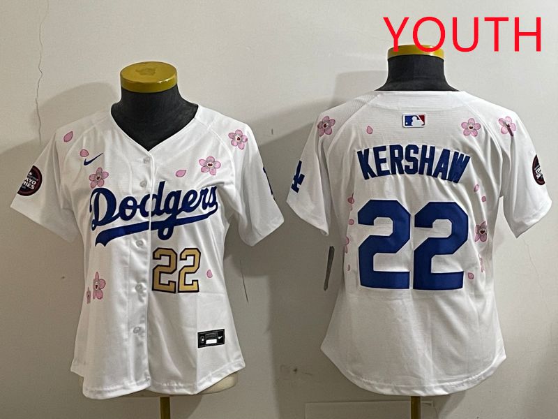 Youth Los Angeles Dodgers 22 Kershaw White Sakura Edition 2025 Nike MLB Jersey style 4